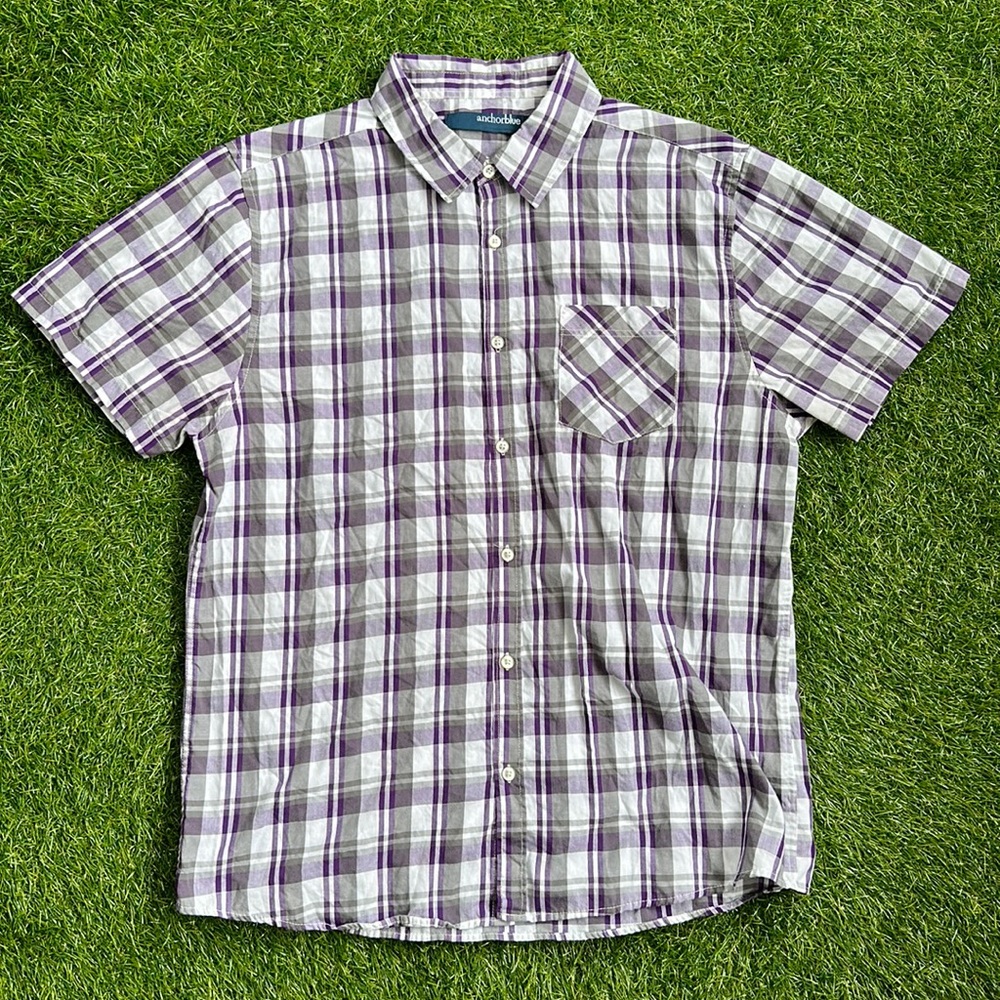 Anchor Blue Plaid Short Sleeve Button-down Shirt